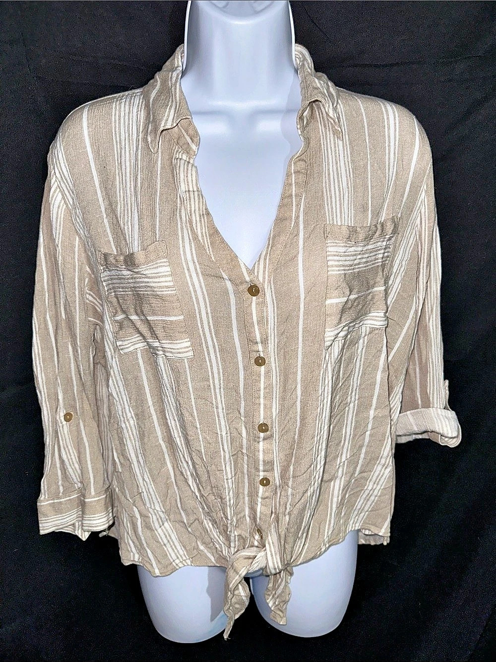 Fortune + Ivy Striped Tie-Front Top in Brown & White XL